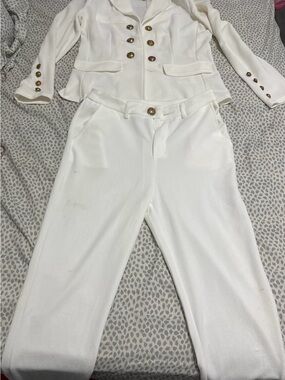 White Two-Piece Tailored Pantsuit with Gold Buttons